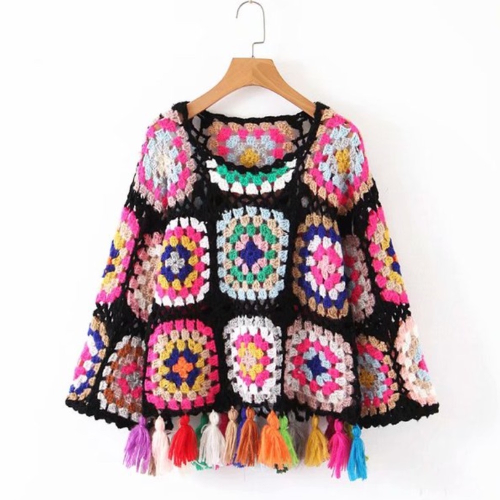 Handmade Rainbow Tassel Crochet Knit Cardigan - Black